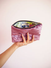 This crushed velvet makeup bag in dusty pink is handmade by Suki Sabur and comes with a cotton lining inside.