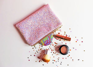 Pink Iridescent Glitter Makeup Bag - Pink Glitter Cosmetic Bag - Pink Glitter Pouch - Handmade Makeup Bag Pink