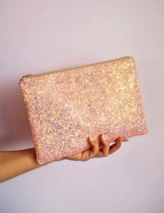 pastel pink glitter clutch bag