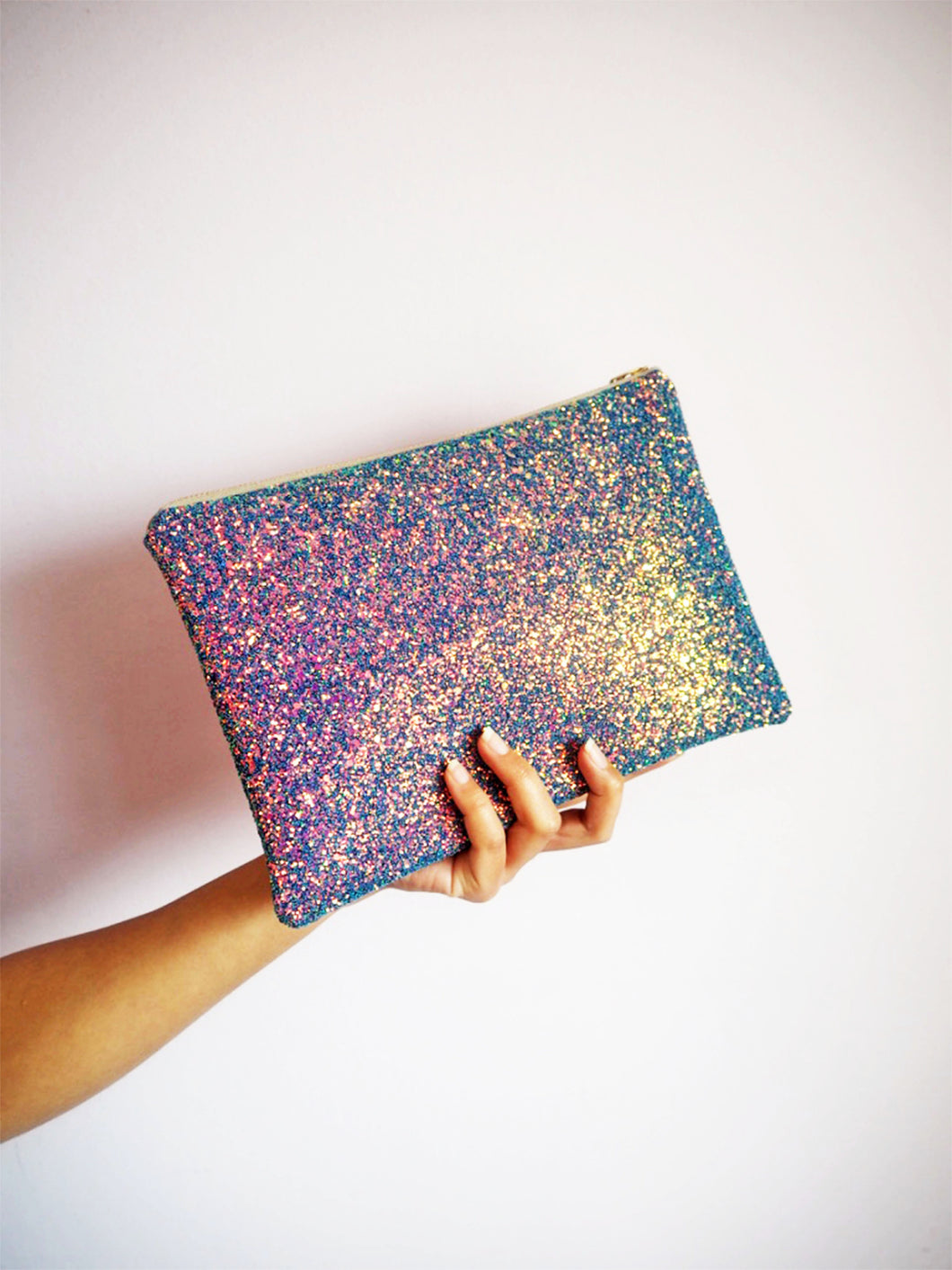 sparkly purple rainbow clutch bag