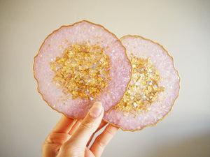 Pink And Gold Sparkly Resin Coasters Set