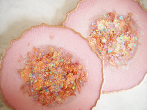 Blush Pink & Rose Gold Geode Resin Coasters - Iridescent Resin Coasters - Iridescent Pink Coasters For Home - Iridescent Rose Gold Handmade Coaster Set