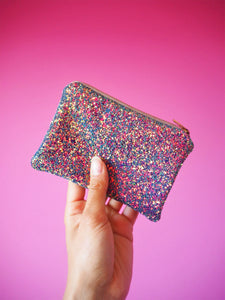 purple rainbow glitter coin purse with iridescent shimmer