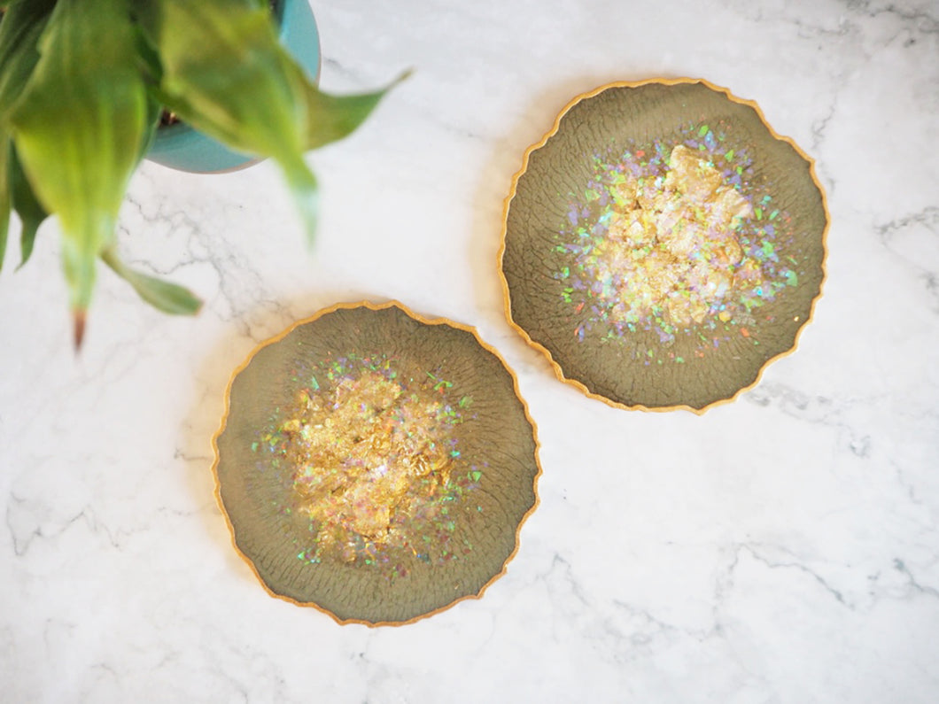 olive green geode resin coasters