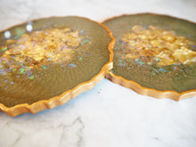 olive green iridescent geode coasters
