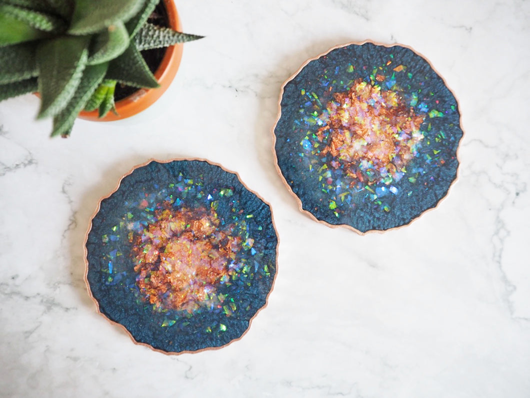 Navy Blue & Rose Gold Geode Resin Coasters - Navy Blue Geode Resin Coaster Set - Rose Gold & Navy Blue Geode Coaster Set - Sparkly Navy Coasters For Home - Handmade Resin Geode Coasters