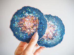 Navy Blue & Rose Gold Geode Resin Coasters - Navy Blue Geode Resin Coaster Set - Rose Gold & Navy Blue Geode Coaster Set - Sparkly Navy Coasters Handmade