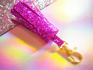 fuchsia glitter tassel keychain