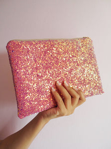 pink & rose gold glitter clutch bag