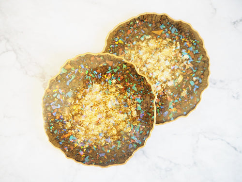 Geode Resin Coaster Set In Khaki - Geode Resin Coaster Sets Handmade - Khaki Resin Handmade Coasters